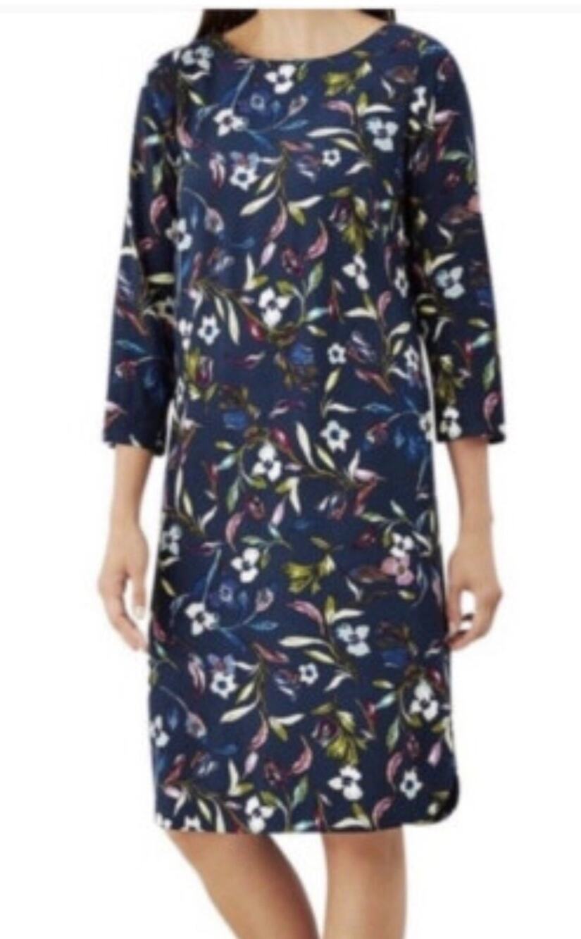 J JILL ink blue floral leaf colorful BOHO neck tunic shift dress M A009598